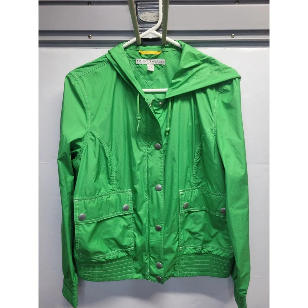 Vtg‎ Tommy Hilfiger Green Hooded Windbreaker Jacket Size L Full Zip Snap Front